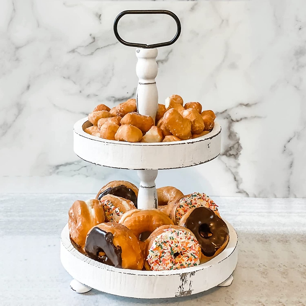 Wooden Two Tiered Tray - Rustic Farmhouse Decor 2 Tier Wood Serving Stand